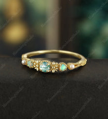 3MM Round Moss Agate Engagement Ring Solid Gild Wedding Ring Anniversary Ring For her Vintage Bridal Ring Promise Women Ring - ULRICARING