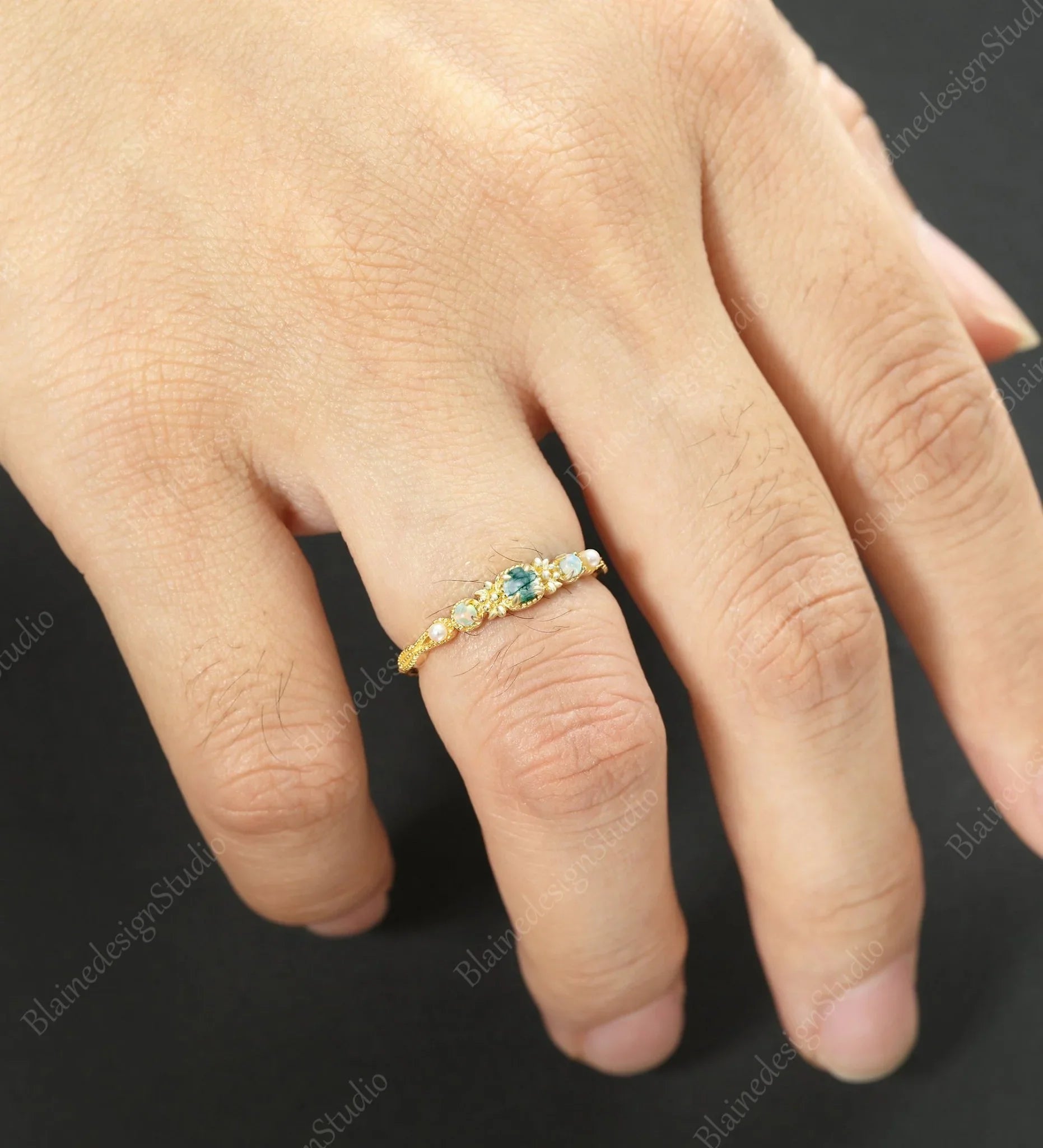 3MM Round Moss Agate Engagement Ring Solid Gild Wedding Ring Anniversary Ring For her Vintage Bridal Ring Promise Women Ring - ULRICARING