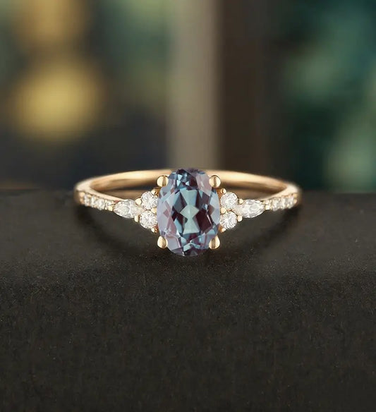 Oval Cut Lab Alexandrite Ring Vintage Rose Gold Engagement Ring Unique Marquise Cut Moissanite Ring Promise Diamond Wedding Ring Half Eternity Anniversary Ring