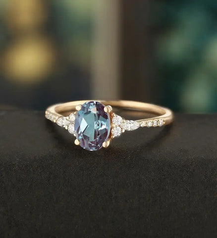 Oval Cut Lab Alexandrite Ring Vintage Rose Gold Engagement Ring Unique Marquise Cut Moissanite Ring Promise Diamond Wedding Ring Half Eternity Anniversary Ring