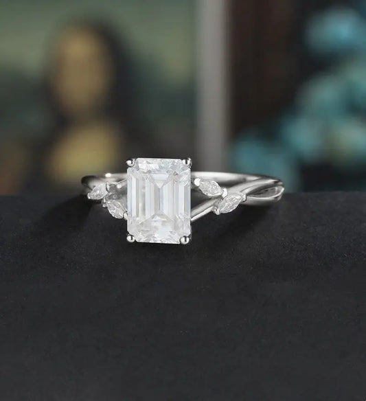 Emerald Cut Moissanite Engagement Ring Twist Solid Gold Wedding Ring Diamond Vintage Rose Gold Bridal Ring Anniversary Promise Ring for Her