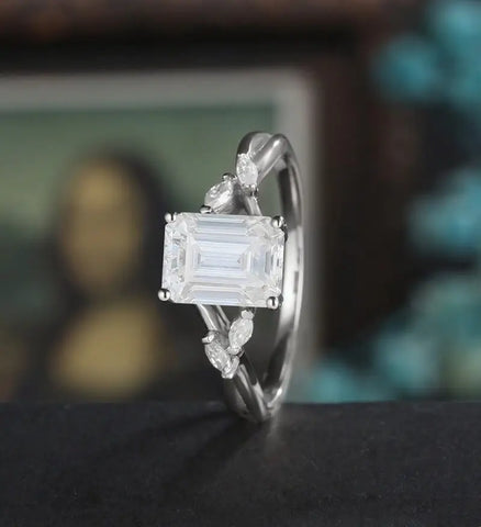 Emerald Cut Moissanite Engagement Ring Twist Solid Gold Wedding Ring Diamond Vintage Rose Gold Bridal Ring Anniversary Promise Ring for Her