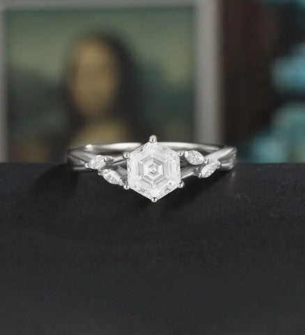 Hexagon Cut Moissanite Engagement Ring Twist Solid Gold Wedding Ring Diamond Vintage Rose Gold Bridal Ring Anniversary Promise Ring for Her