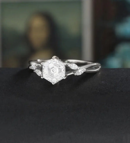 Hexagon Cut Moissanite Engagement Ring Twist Solid Gold Wedding Ring Diamond Vintage Rose Gold Bridal Ring Anniversary Promise Ring for Her