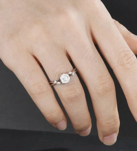 Hexagon Cut Moissanite Engagement Ring Twist Solid Gold Wedding Ring Diamond Vintage Rose Gold Bridal Ring Anniversary Promise Ring for Her