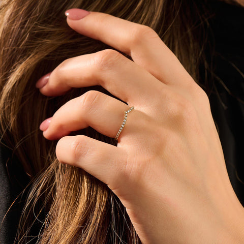 Solid Gold Curved V-Shaped Wedding Band - Diamond Half Eternity Ring, Solitaire Engagement Enhancer
