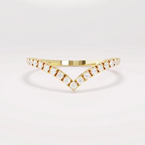 Solid Gold Curved V-Shaped Wedding Band - Diamond Half Eternity Ring, Solitaire Engagement Enhancer