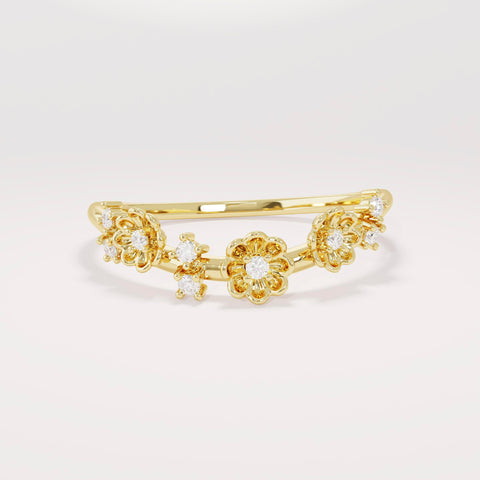 14k Daisy Curved Ring - Solid Gold Floral Wedding Band, Dainty Delicate Gold Ring for Her
