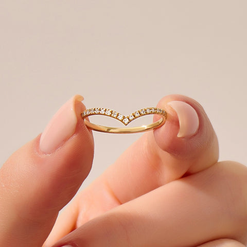 Solid Gold Curved V-Shaped Wedding Band - Diamond Half Eternity Ring, Solitaire Engagement Enhancer