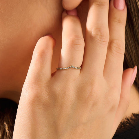 Solid Gold Curved V-Shaped Wedding Band - Diamond Half Eternity Ring, Solitaire Engagement Enhancer