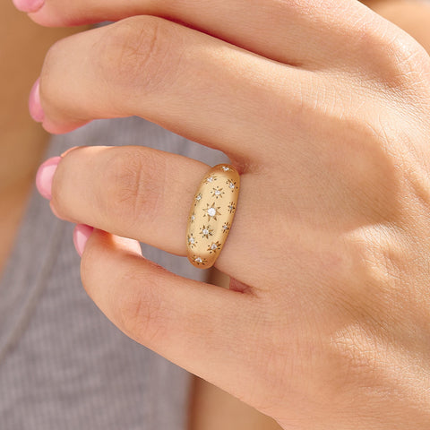Solid Gold Chunky Star Ring - Pave Diamond Dome Ring, Unique Statement Pinky Ring for Women