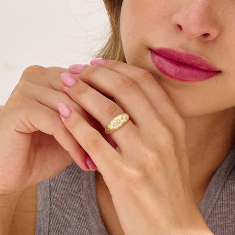 Solid Gold Chunky Star Ring - Pave Diamond Dome Ring, Unique Statement Pinky Ring for Women