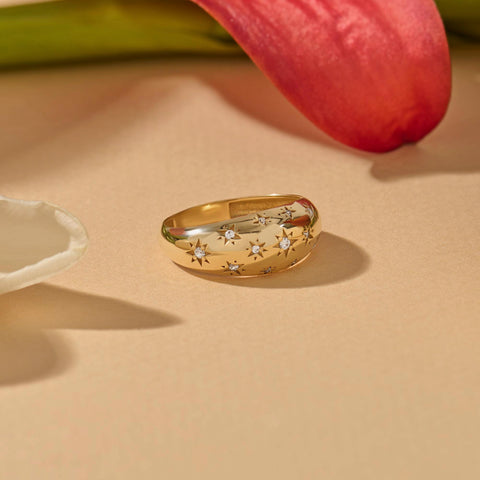 Solid Gold Chunky Star Ring - Pave Diamond Dome Ring, Unique Statement Pinky Ring for Women