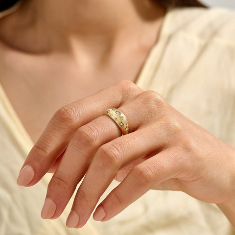 Solid Gold Chunky Star Ring - Pave Diamond Dome Ring, Unique Statement Pinky Ring for Women