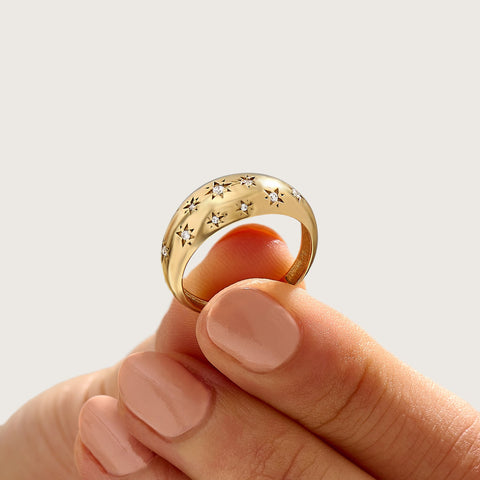 Solid Gold Chunky Star Ring - Pave Diamond Dome Ring, Unique Statement Pinky Ring for Women
