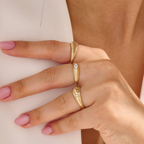Solid Gold Chunky Star Ring - Pave Diamond Dome Ring, Unique Statement Pinky Ring for Women