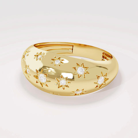 Solid Gold Chunky Star Ring - Pave Diamond Dome Ring, Unique Statement Pinky Ring for Women