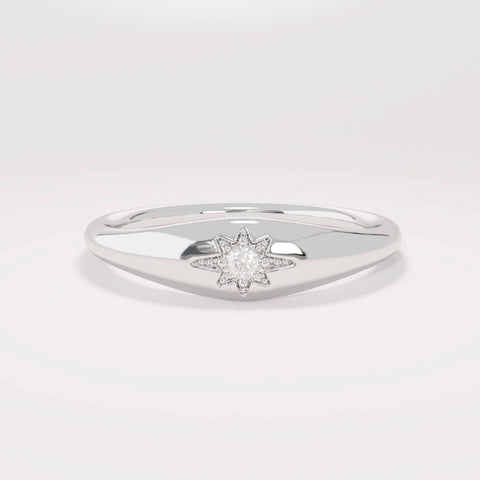 14k Solid Gold Diamond Starburst Pinky Ring - Small Signet Celestial Ring, Dainty Stacking Band