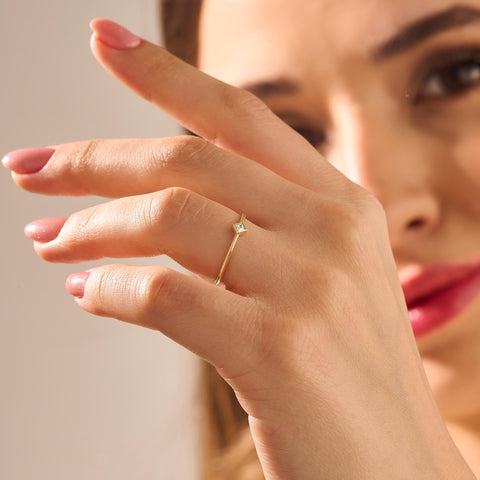 14k Gold Tiny Diamond Solitaire Ring | Minimal Princess-Cut Promise Ring | Basic Pinky/Engagement Ring for Women