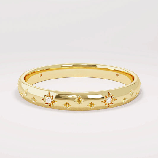 14k Solid Gold Diamond Star Pave Band | Minimalist Celestial Wedding Band | Womens Starbust Eternity Comfort Fit Ring