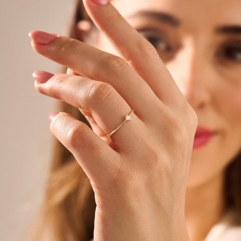 14k Gold Tiny Diamond Solitaire Ring | Minimal Princess-Cut Promise Ring | Basic Pinky/Engagement Ring for Women