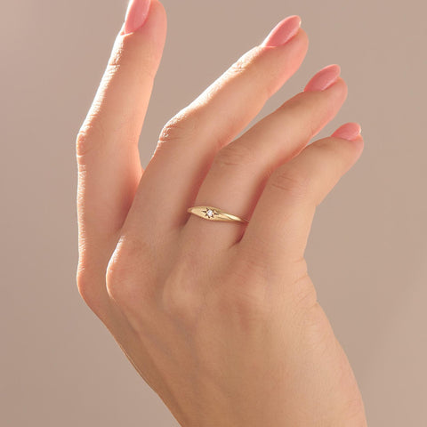 14k Solid Gold Diamond Starburst Pinky Ring - Small Signet Celestial Ring, Dainty Stacking Band