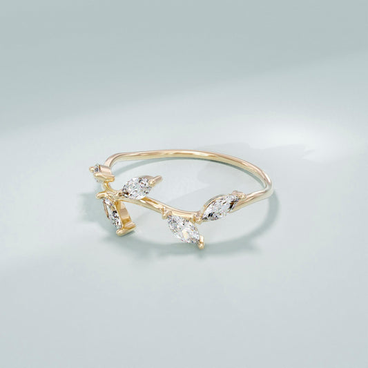 Marquise Diamond Leaf Ring – 14k Solid Gold Vine Floral Band | Nature-Inspired Stackable Wedding Ring for Women