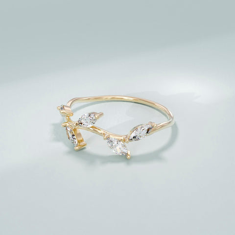 Marquise Diamond Leaf Ring – 14k Solid Gold Vine Floral Band | Nature-Inspired Stackable Wedding Ring for Women
