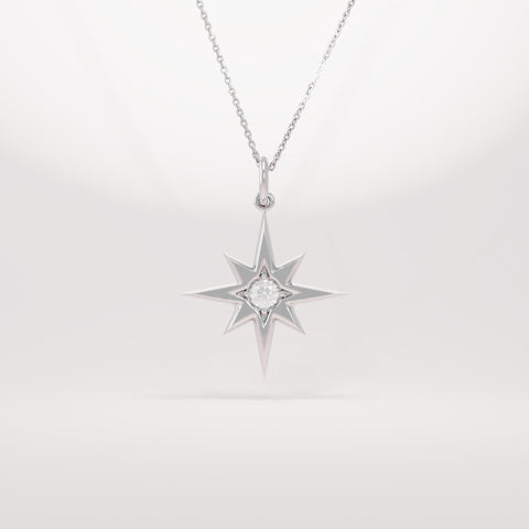 14k Solid Gold Diamond North Star Pendant - Dainty Compass Star Charm, Celestial Necklace