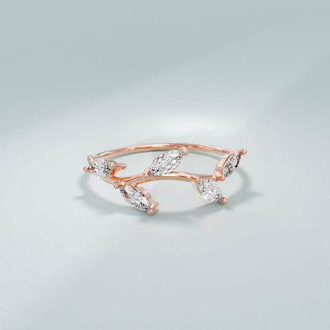 Marquise Diamond Leaf Ring – 14k Solid Gold Vine Floral Band | Nature-Inspired Stackable Wedding Ring for Women