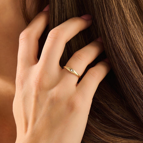 14k Solid Gold Diamond Starburst Pinky Ring - Small Signet Celestial Ring, Dainty Stacking Band