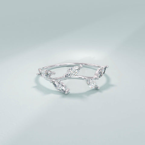 Marquise Diamond Leaf Ring – 14k Solid Gold Vine Floral Band | Nature-Inspired Stackable Wedding Ring for Women