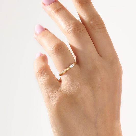 Baguette Solitaire 14k Solid Gold Diamond Ring - Minimalist East West Engagement Band for Women