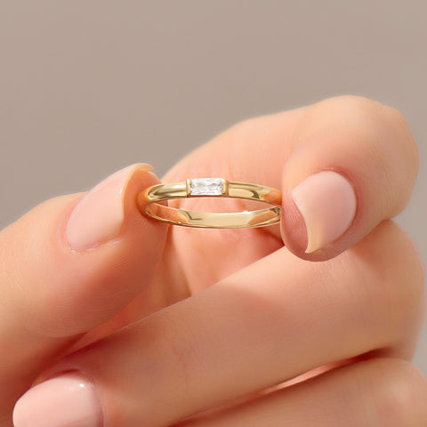 Baguette Solitaire 14k Solid Gold Diamond Ring - Minimalist East West Engagement Band for Women