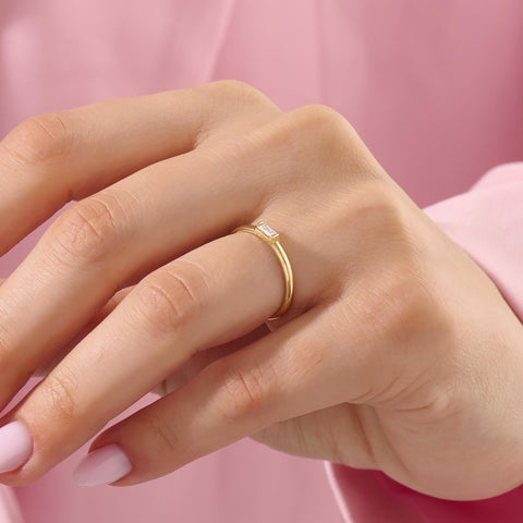 Baguette Solitaire 14k Solid Gold Diamond Ring - Minimalist East West Engagement Band for Women