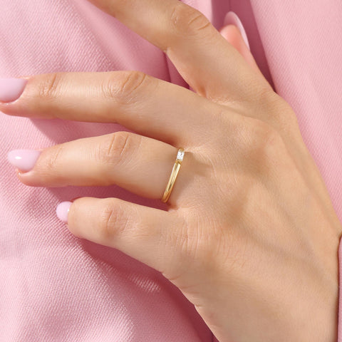 Baguette Solitaire 14k Solid Gold Diamond Ring - Minimalist East West Engagement Band for Women