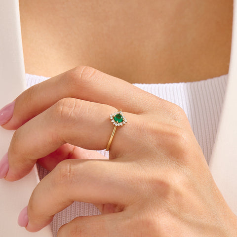 14k Solid Gold Emerald Diamond Halo Ring | Dainty Green Flower Solitaire Ring | Tiny Promise Ring for Women