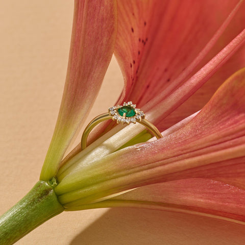 14k Solid Gold Emerald Diamond Halo Ring | Dainty Green Flower Solitaire Ring | Tiny Promise Ring for Women