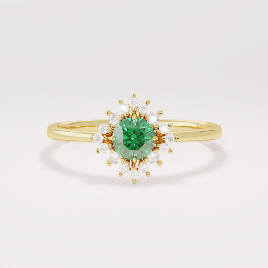 14k Solid Gold Emerald Diamond Halo Ring | Dainty Green Flower Solitaire Ring | Tiny Promise Ring for Women