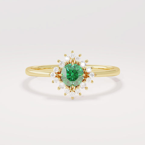 14k Solid Gold Emerald Diamond Halo Ring | Dainty Green Flower Solitaire Ring | Tiny Promise Ring for Women