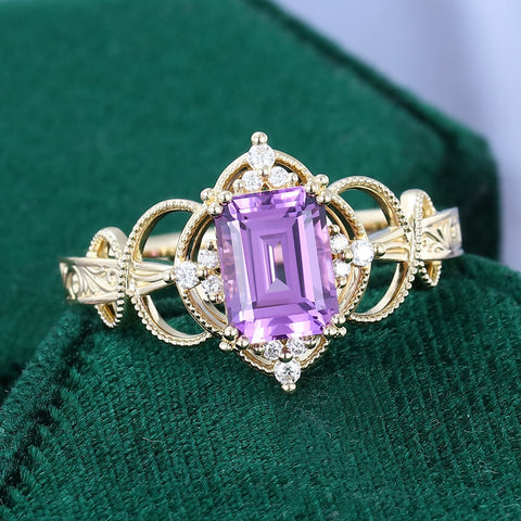 Emerald Cut Purple Sapphire Engagement Ring Milgrain Filigree Halo Scroll Band