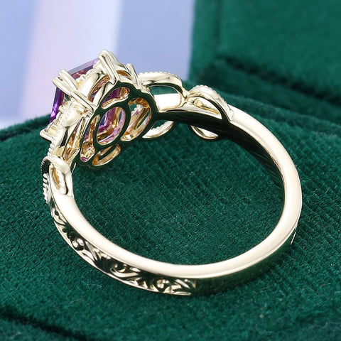 Emerald Cut Purple Sapphire Engagement Ring Milgrain Filigree Halo Scroll Band