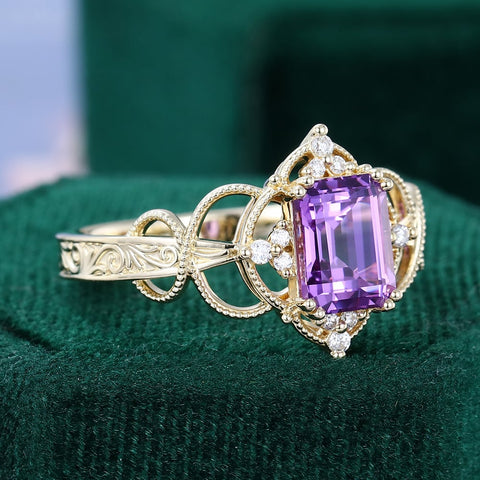 Emerald Cut Purple Sapphire Engagement Ring Milgrain Filigree Halo Scroll Band