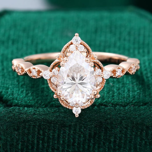 Filigree Floral Halo | Vintage Inspired Pear Cut Moissanite Engagement Ring with Milgrain Accents