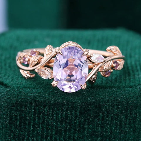 Nature Inspired Leaf Ring Lavender Amethyst Promise Ring Oval Cut Ring