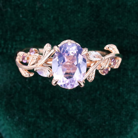 Nature Inspired Leaf Ring Lavender Amethyst Promise Ring Oval Cut Ring