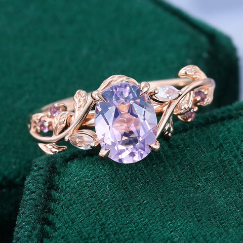 Nature Inspired Leaf Ring Lavender Amethyst Promise Ring Oval Cut Ring