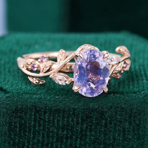 Nature Inspired Leaf Ring Lavender Amethyst Promise Ring Oval Cut Ring