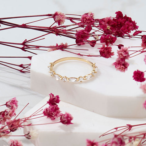 Marquise Diamond Half Eternity Band – Solid Gold Unique Wedding Ring, Marquise Gold Diamond Band