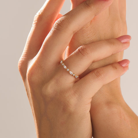 Marquise Diamond Half Eternity Band – Solid Gold Unique Wedding Ring, Marquise Gold Diamond Band